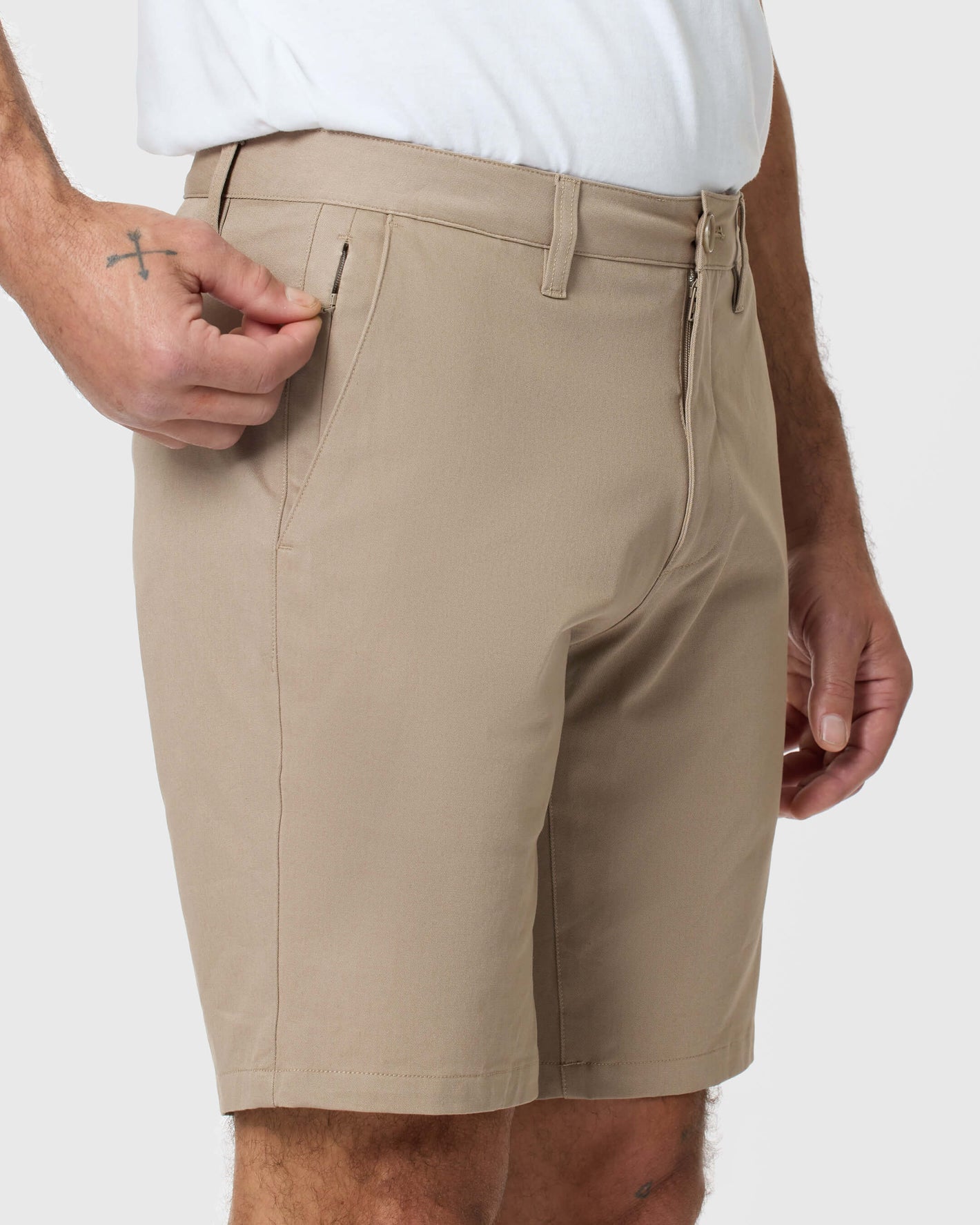 Khaki Twill Short with zip pocket detail and structured fit.