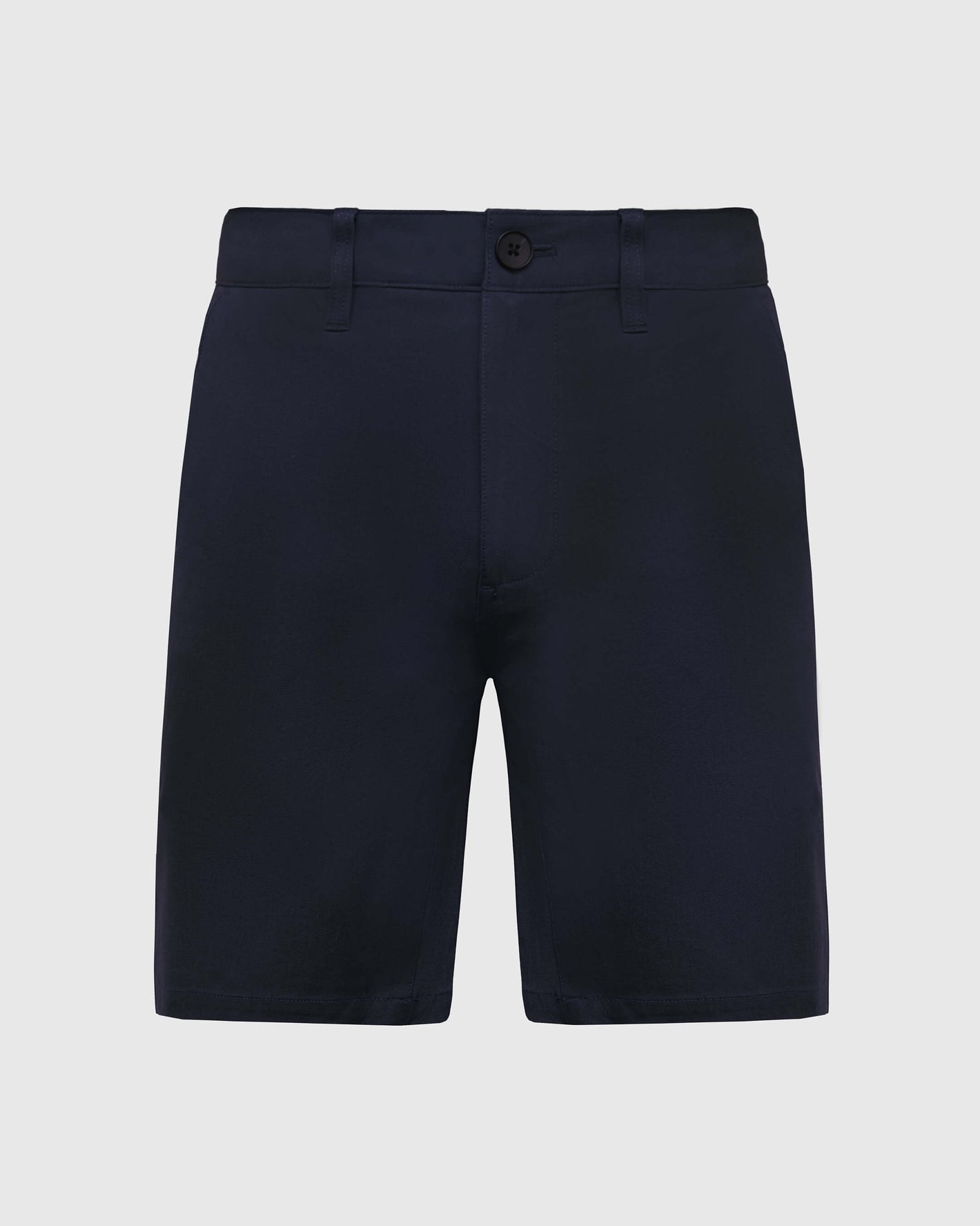 Navy Twill Short, mid-length, with button-zip closure and belt loops.