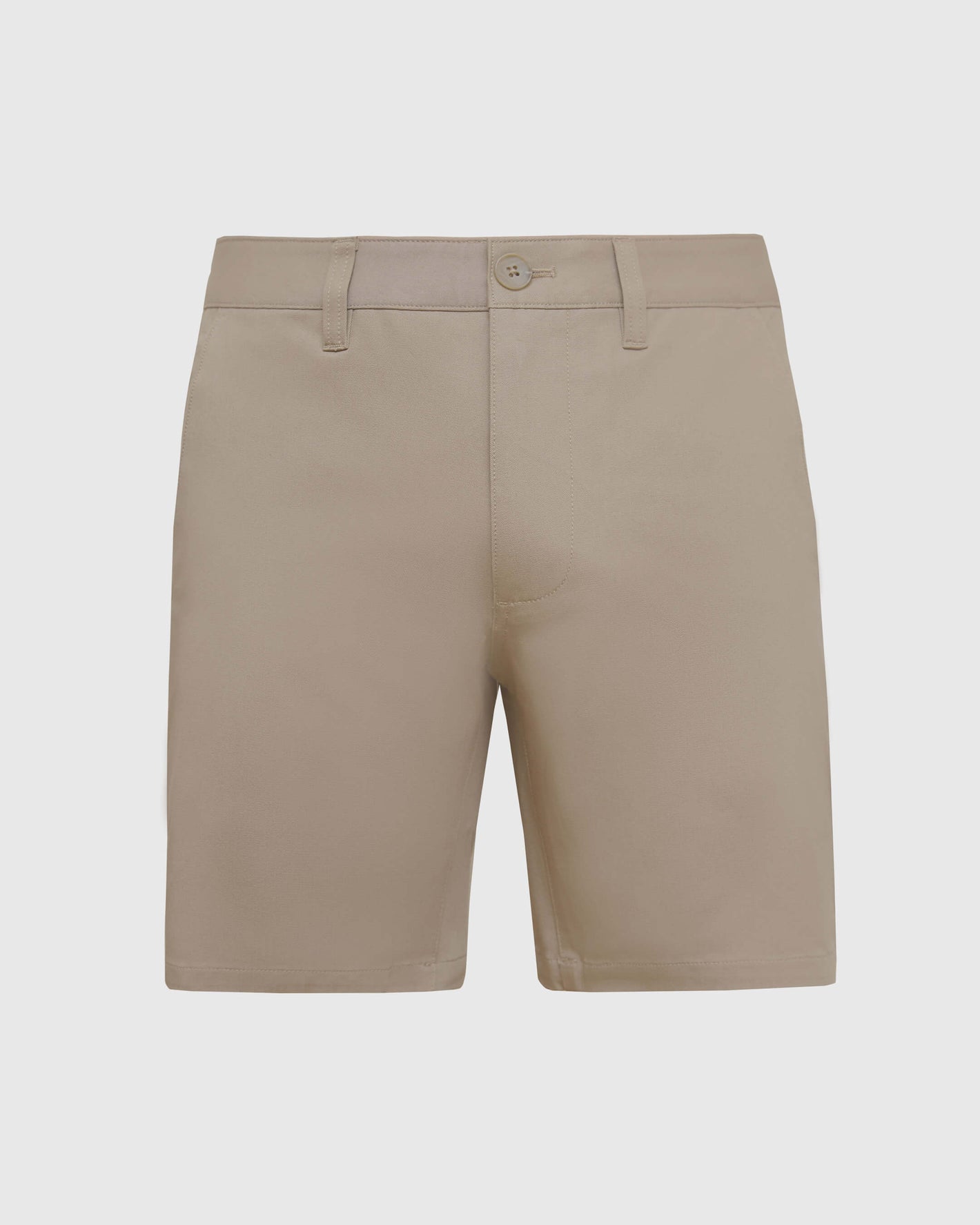 7 Khaki Classic Twill Shorts, knee-length, front view, neutral background.