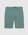 7 Moss Classic Twill Shorts, solid-teal, mid-length, with belt loops.