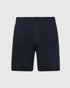 7 Navy Classic Twill Shorts, flat front, minimalist design, mid-length.