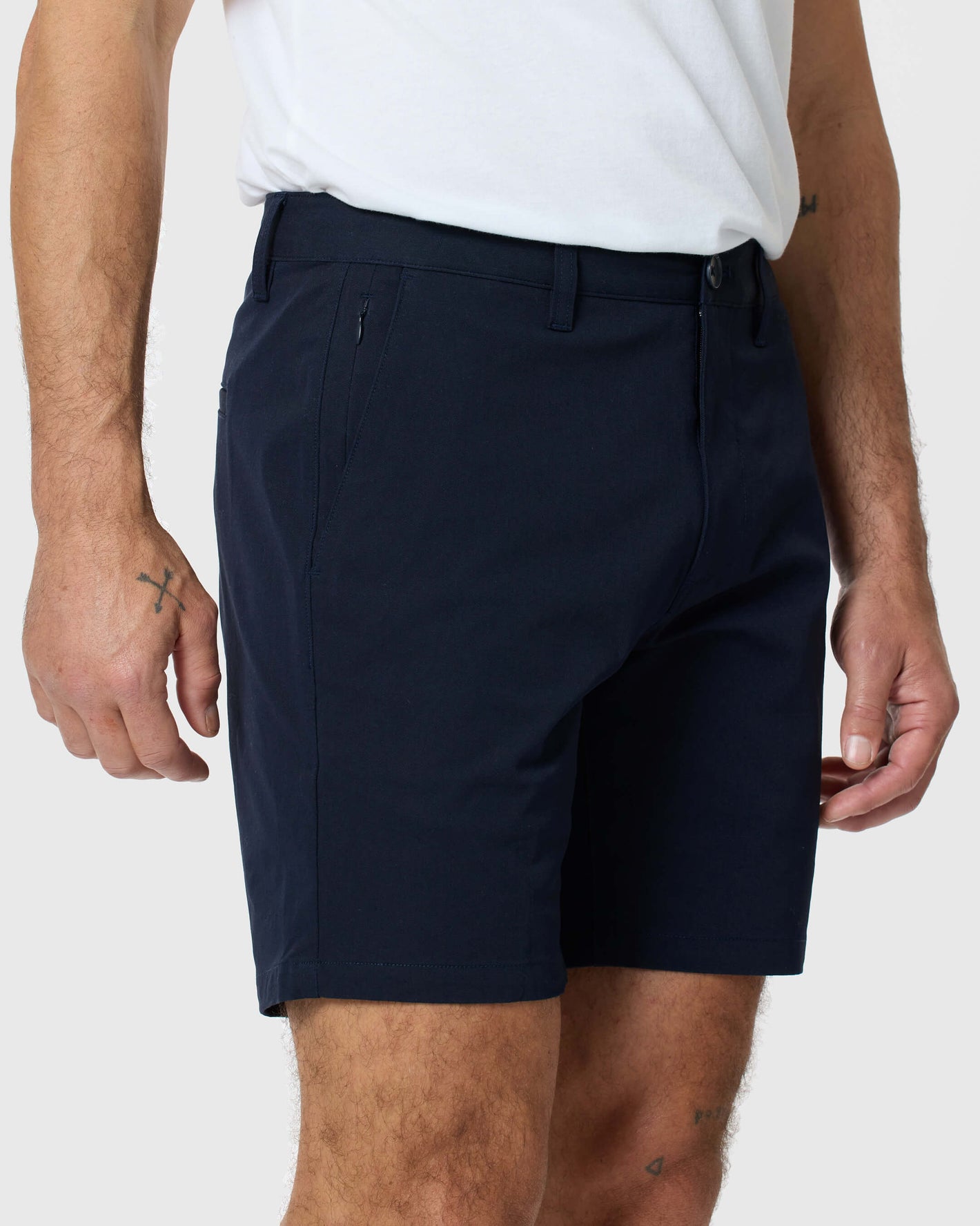 7 Navy Classic Twill Shorts with angled pockets and zipper detail.