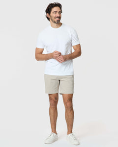 True ClassicMan wearing 7 Sandstone Classic Twill Shorts, showcasing a relaxed, comfortable fit.