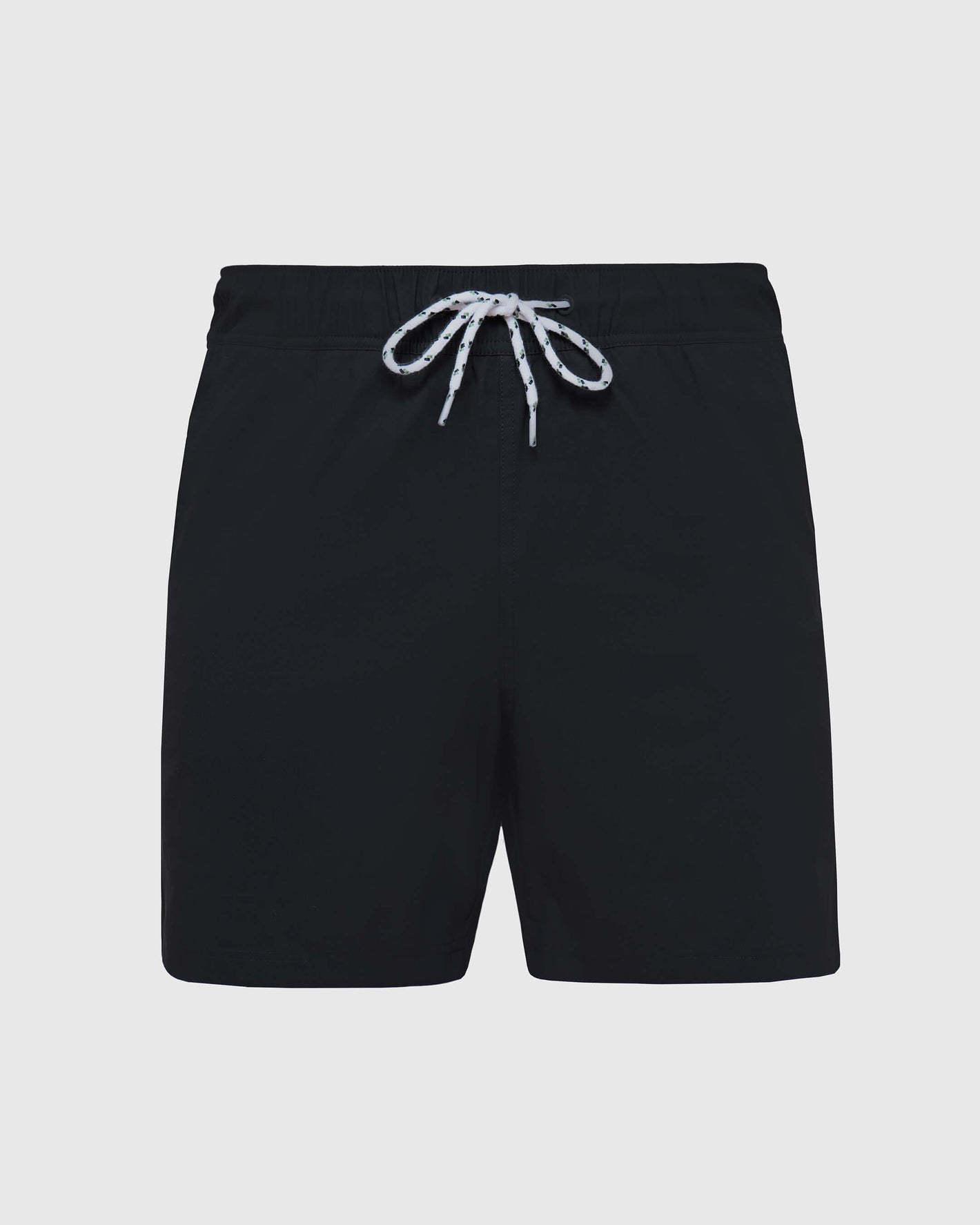 Black Swim Trunk with white drawstring and elastic waistband.