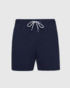Navy Swim Trunk with elastic waistband and drawstring.