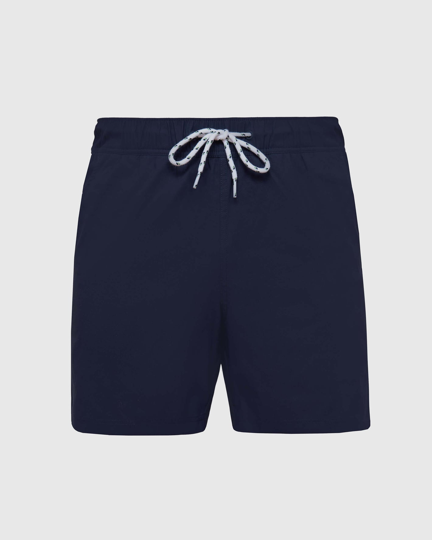 Navy Swim Trunk with elastic waistband and drawstring.