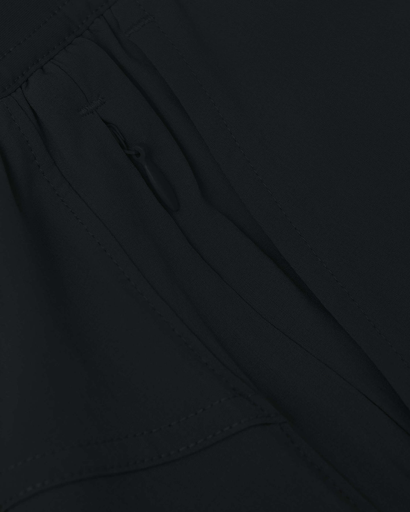 Black 2 In 1 Training Short zipper detail, showcasing the hidden pocket.