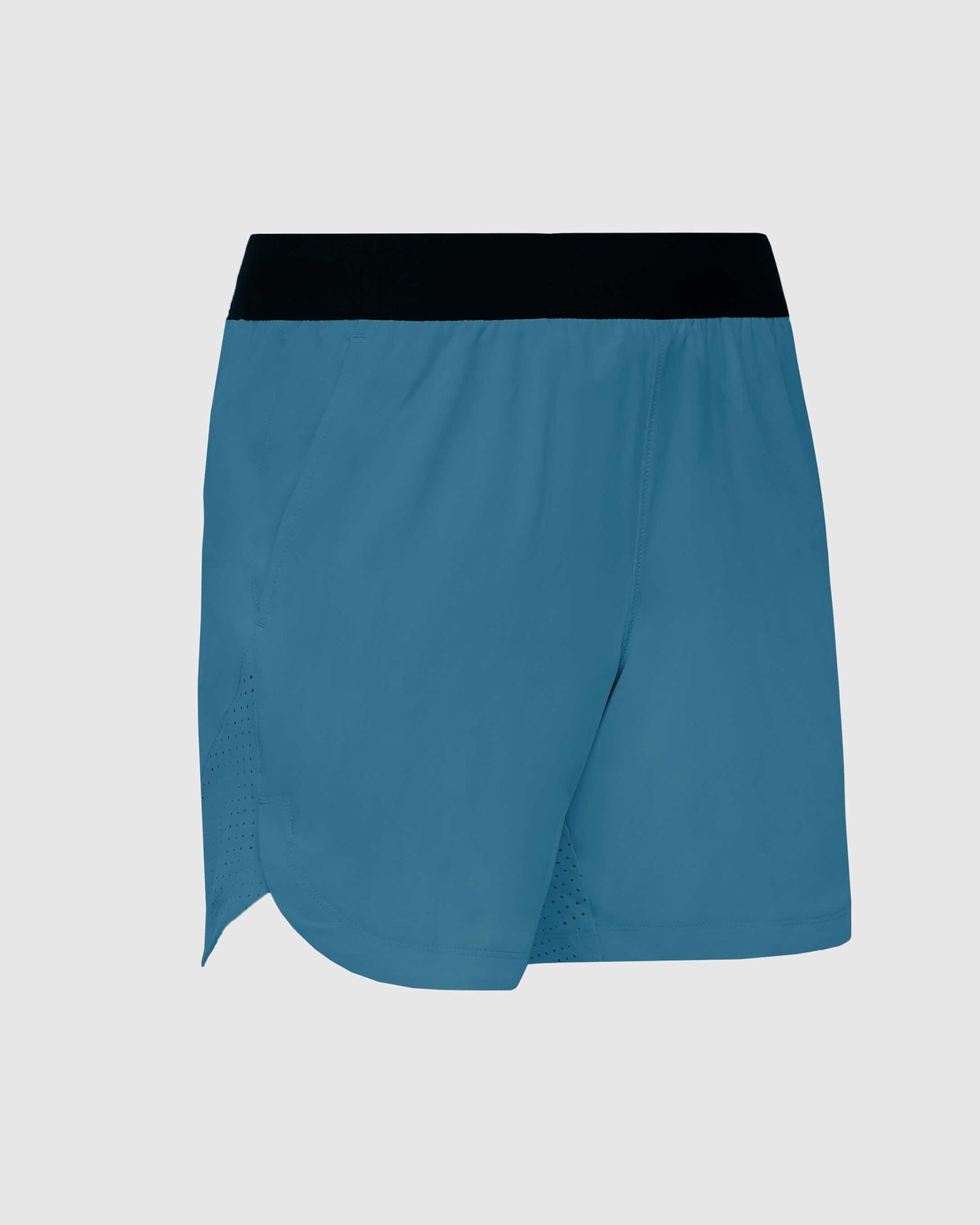 Sapphire 7 Active Training Short, blue/teal, black waistband, vented sides.