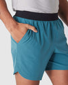 Sapphire 7 Active Training Short with teal color, black waistband, pocket.