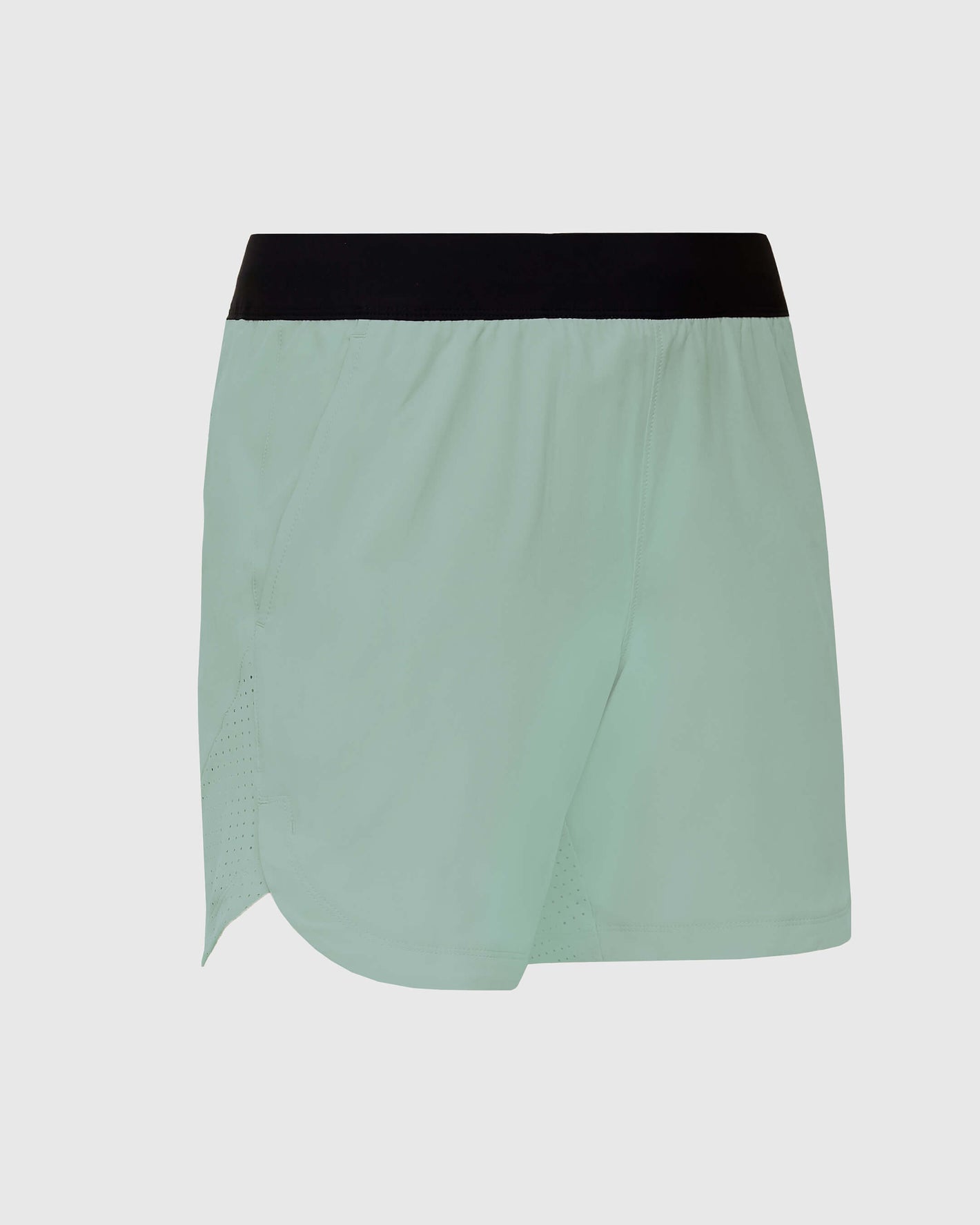 7 Slate Green Active Training Shorts 2.0 with black waistband and side slits.