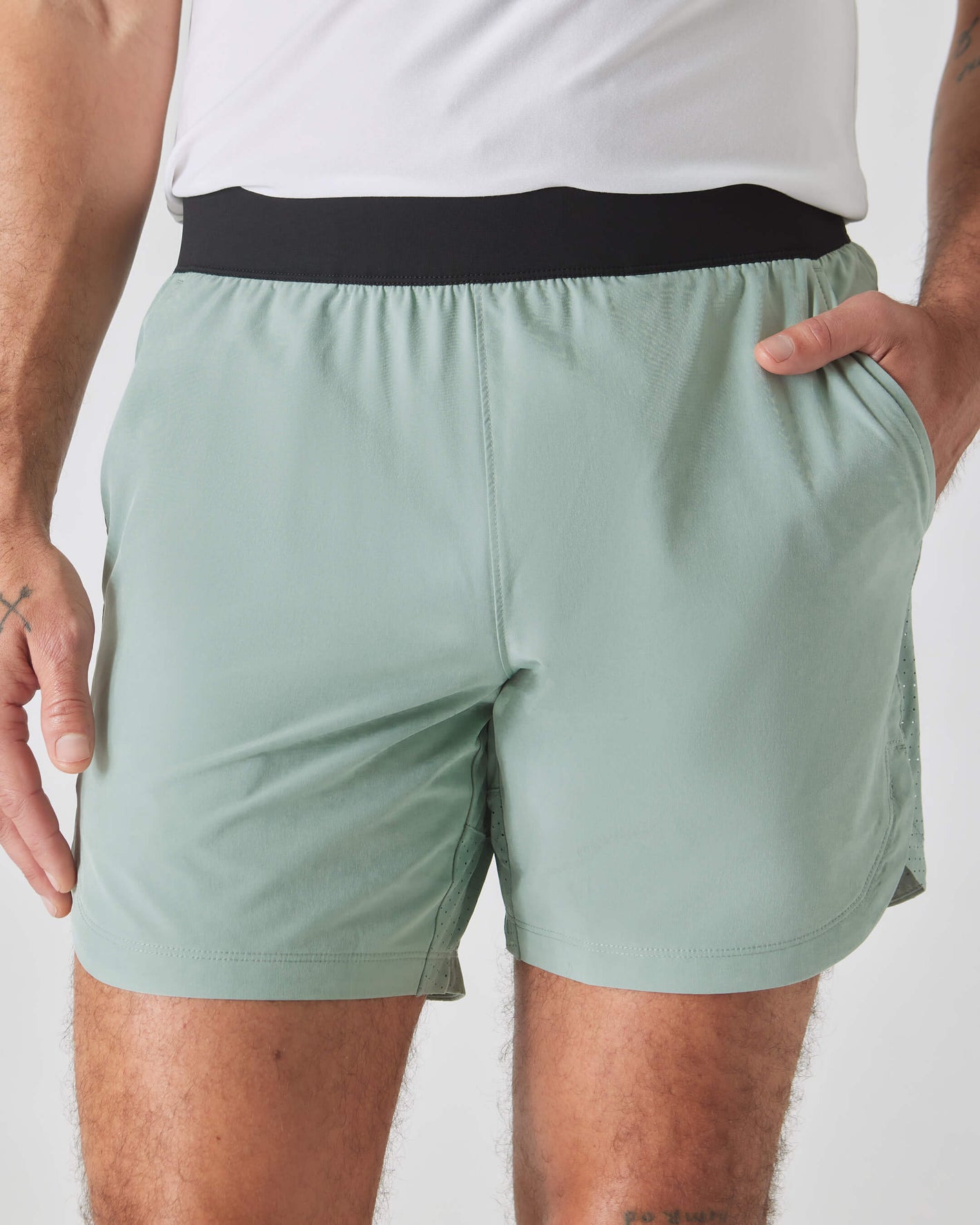 7 Slate Green Active Training Shorts 2.0 focus on fit and details.