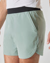 7 Slate Green Active Training Shorts 2.0 with black waistband, perforated hem.