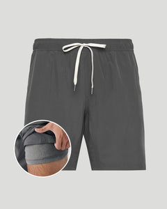True ClassicGray shorts with a drawstring on a light gray background, with a close-up inset showing the waistband.