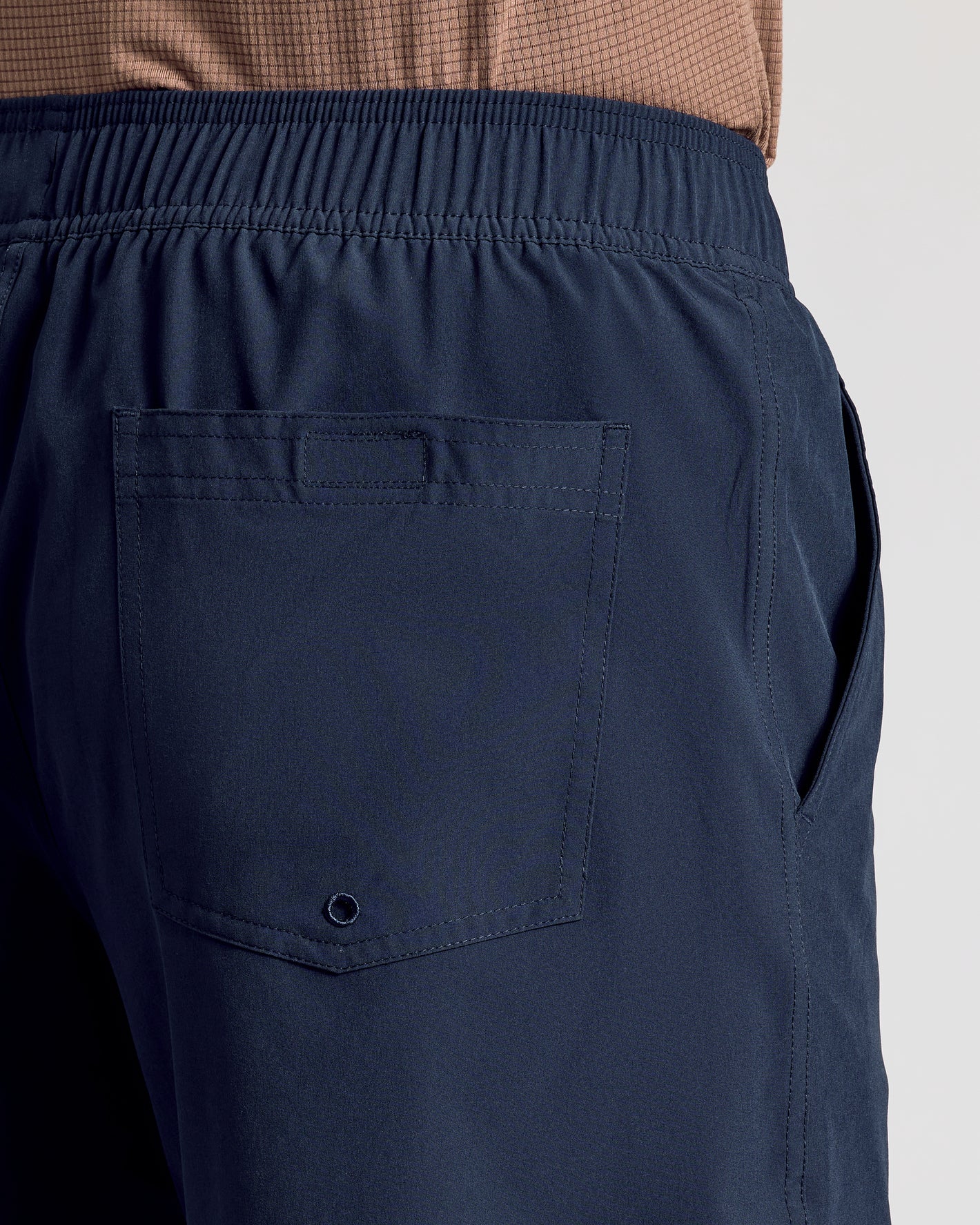 Navy 9 Active Quick Dry Shorts showing elastic waistband and back pocket.