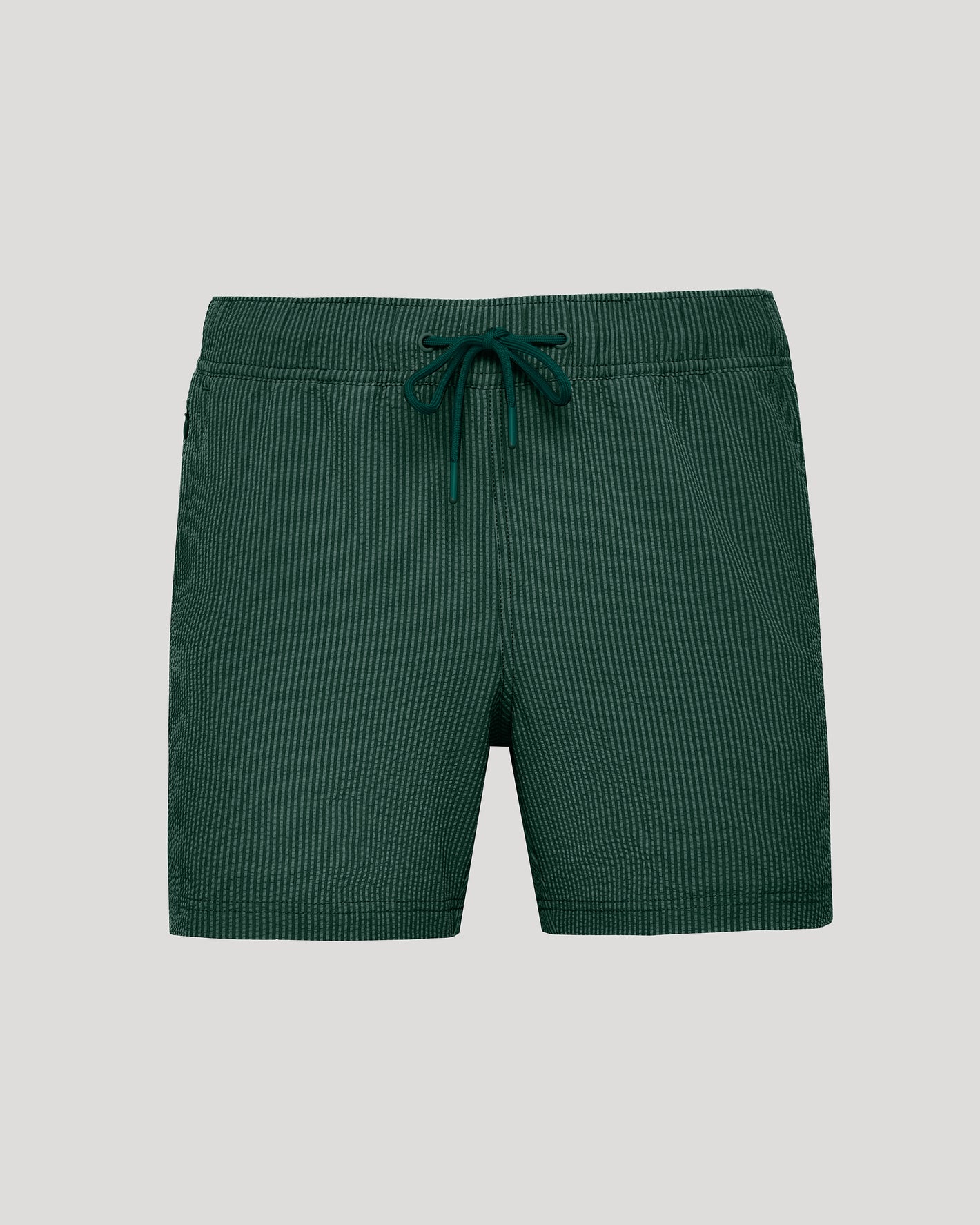5 Marine Spruce Seersucker Swim Trunks with elastic waistband and drawstring.