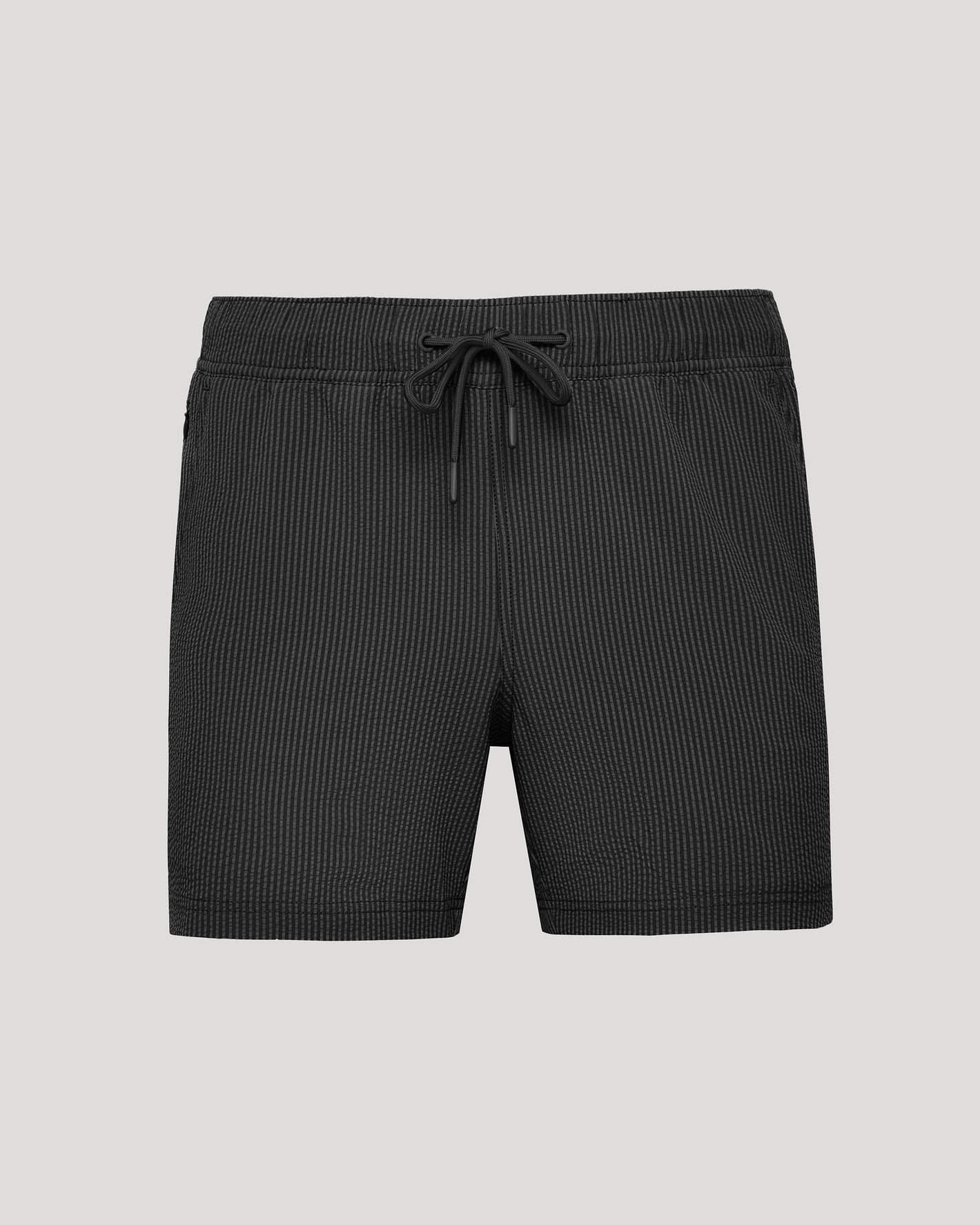 5 Smoke Seersucker Swim Trunks with elastic waistband and drawstring.