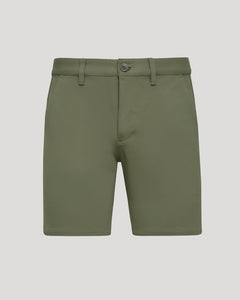 True Classic7 Military Green Classic Chino Shorts with button front and side pockets.