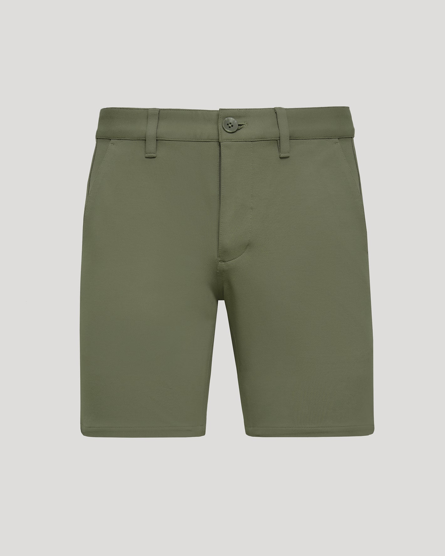 7 Military Green Classic Chino Shorts with button front and side pockets.