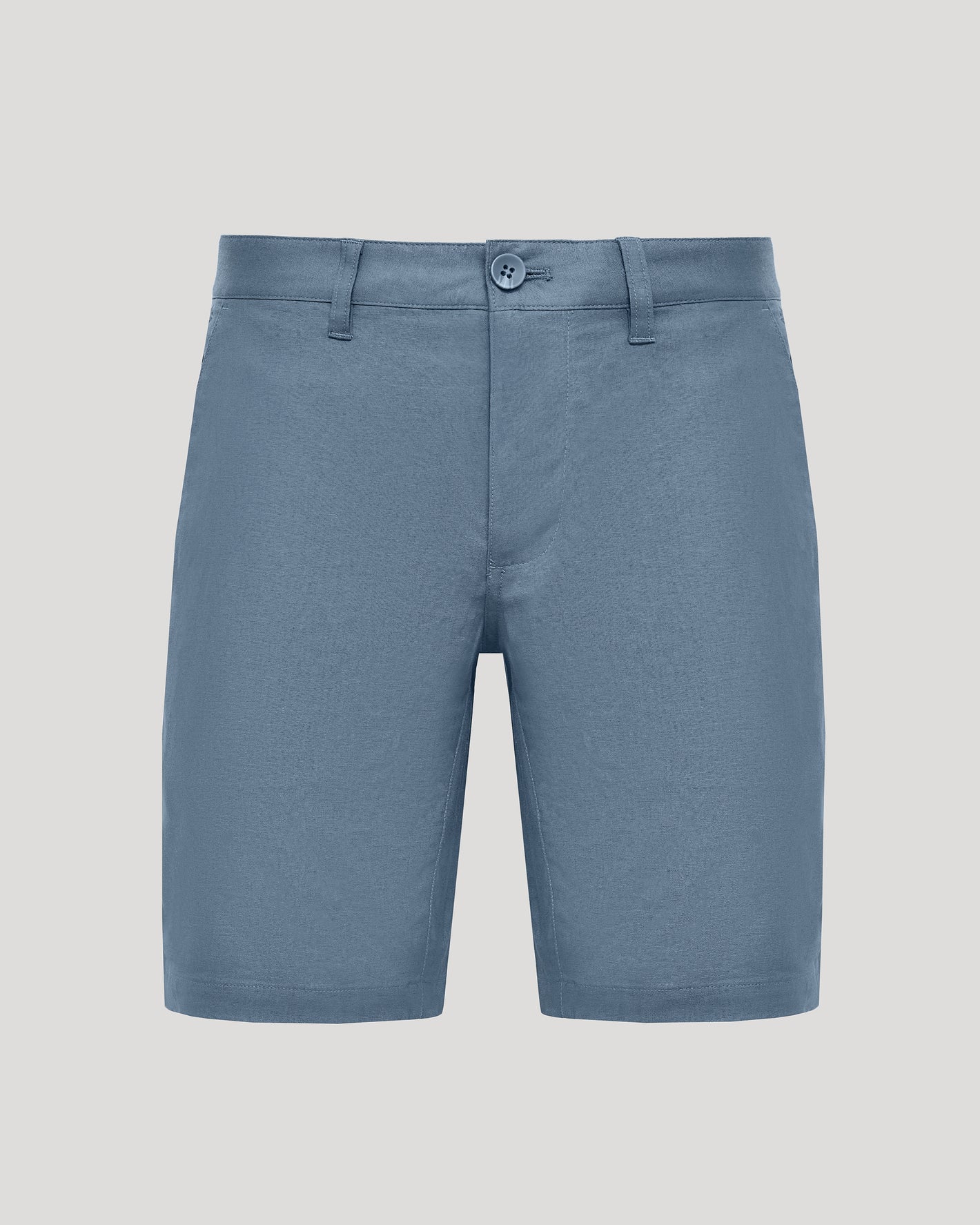 9 Fiord Linen Shorts with button-zip fly, belt loops, side seams.