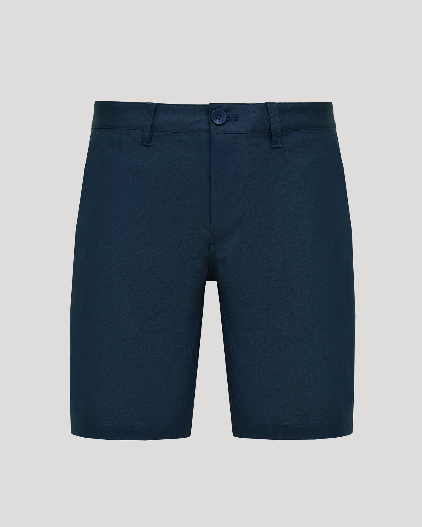 9 Navy Linen Shorts with a clean, straight cut and angled pockets.