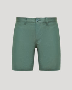 True Classic7 Moss Linen Shorts, muted green, flat-front, side pockets, belt loops.