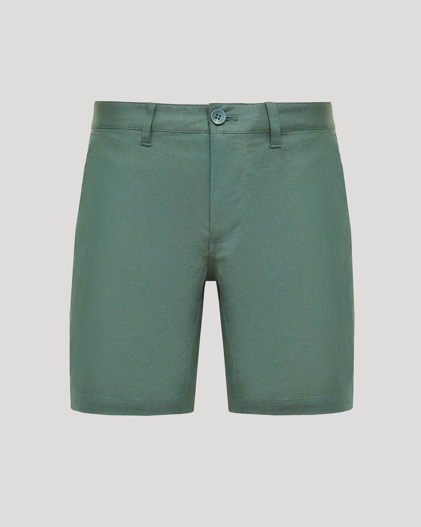 7 Moss Linen Shorts, muted green, flat-front, side pockets, belt loops.