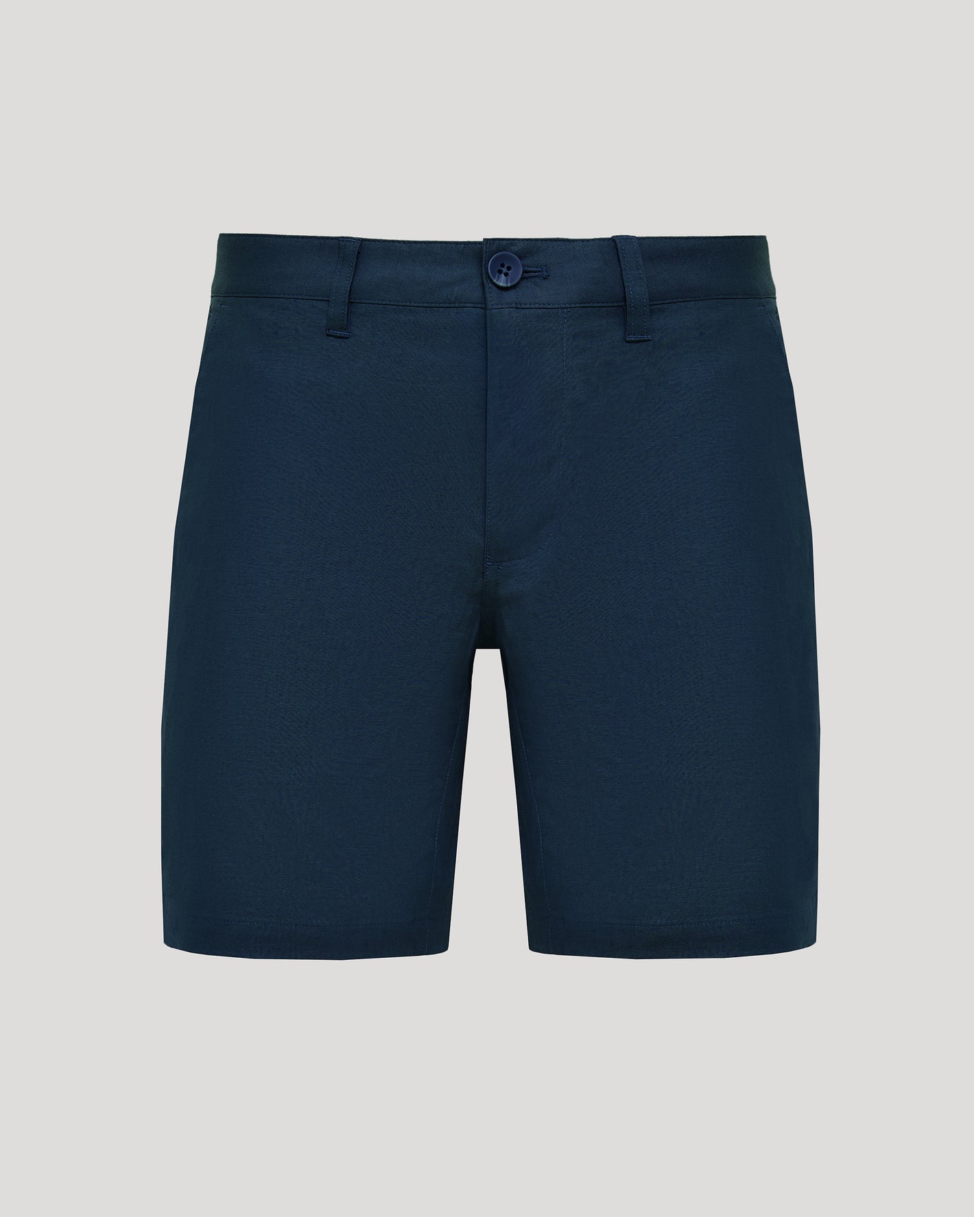 7 Navy Linen Shorts with flat front and belt loops.