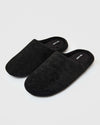 Black Slippers: all-black, textured slip-on mules with slide-free rubber soles.