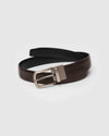 Reversible Dress Belt with silver buckle, two-toned faux leather.