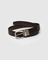 Reversible Dress Belt with silver buckle, coiled showing black and brown sides.