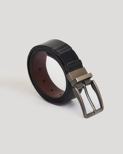 True ClassicCasual Reversible Stretch Belt with gunmetal buckle, rolled-up.