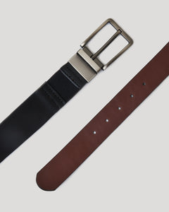 True ClassicCasual Reversible Stretch Belt with black and brown sides, matte-silver buckle.