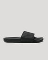 Black Comfort Slides with a contoured footbed and rubberized strap.