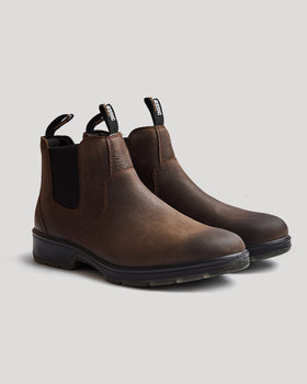 True Classic x Timberland Pro Chelsea Boots, brown leather, elastic panels, pull-tabs.