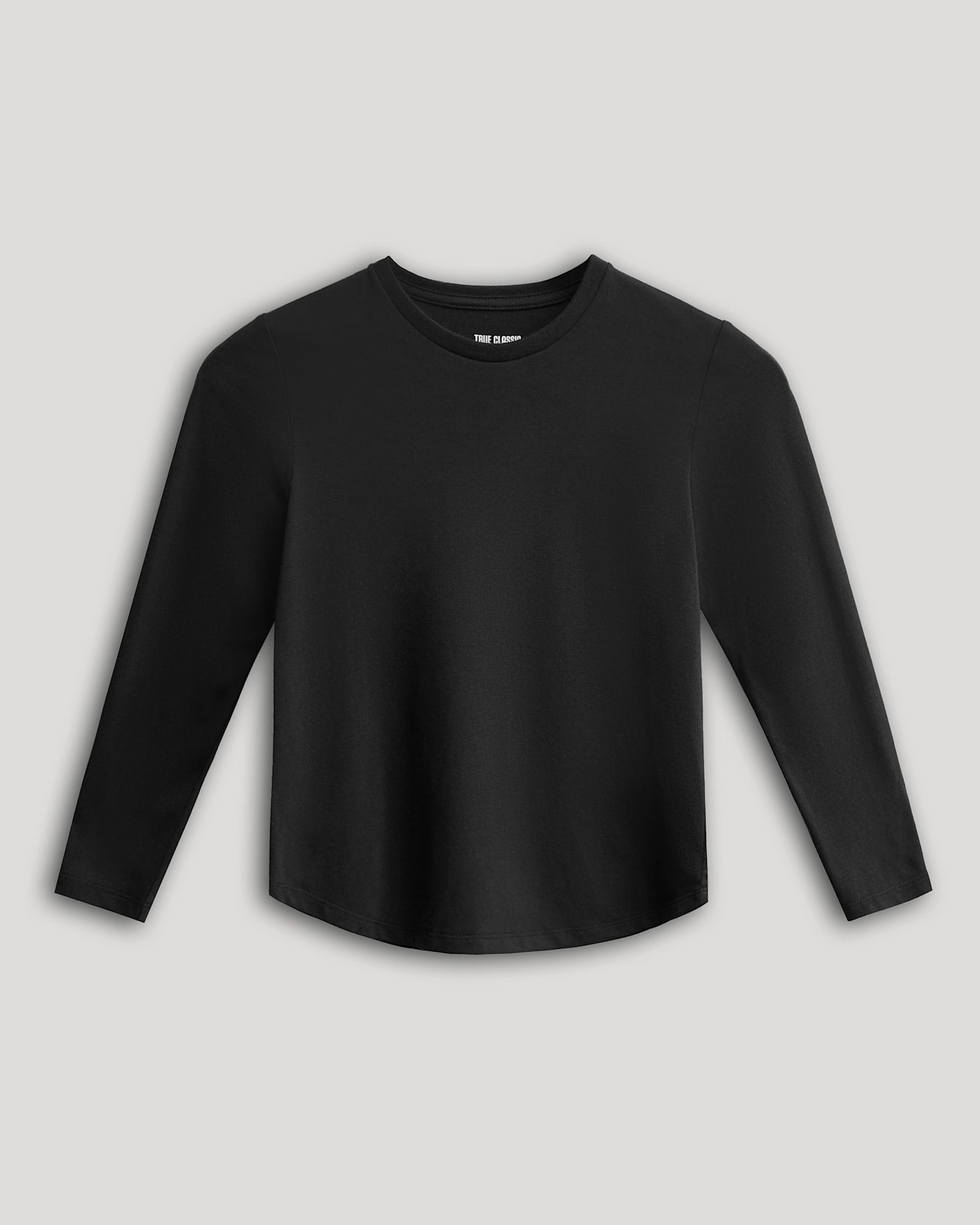 Boys' Black Classic Long Sleeve Curved Hem Crew laid flat.