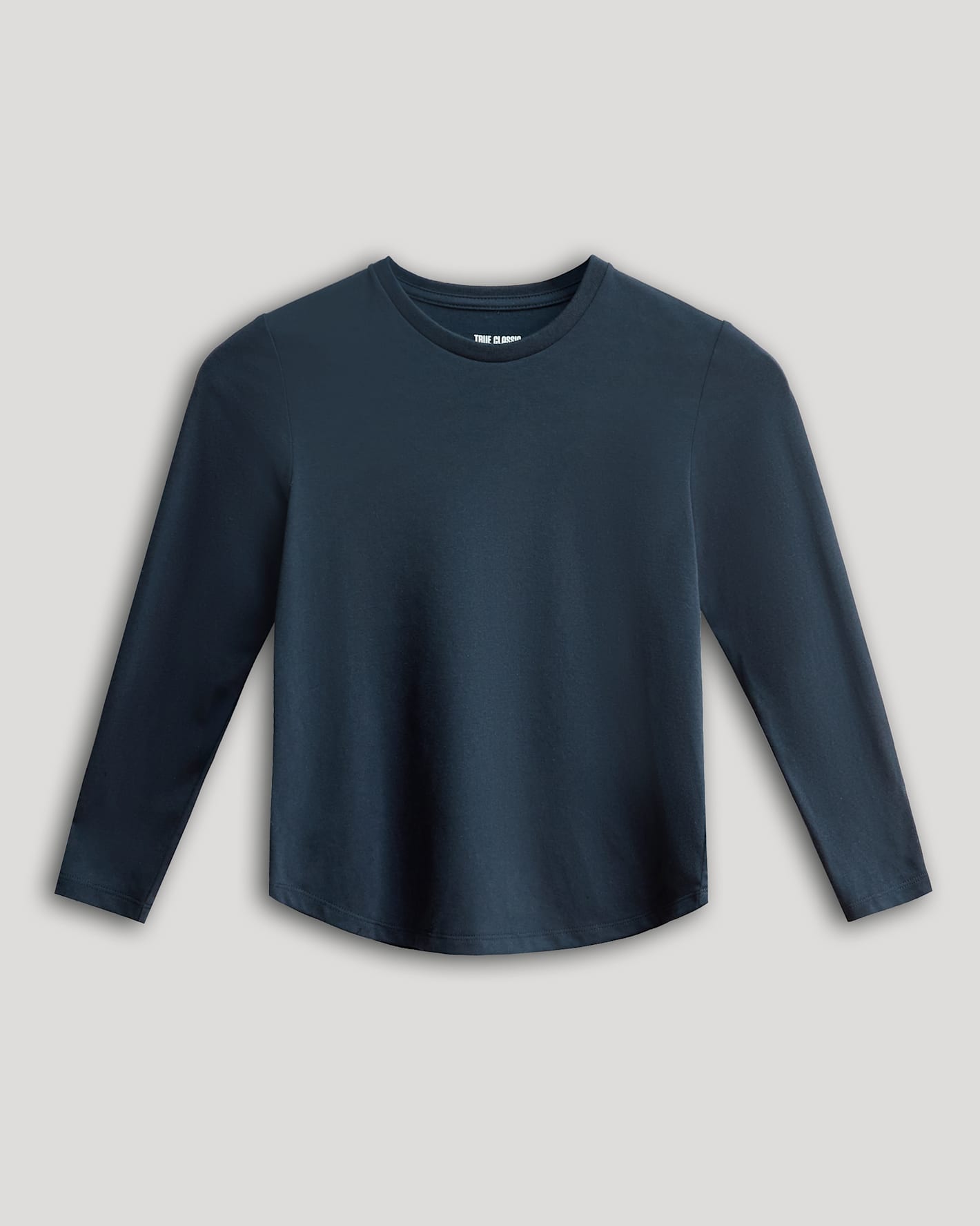 Boys' Navy Classic Long Sleeve Curved Hem Crew, smooth fabric, laid flat.