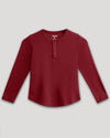 Boys' Dark Maroon Long Sleeve Waffle Henley, crew neck, three-button placket.