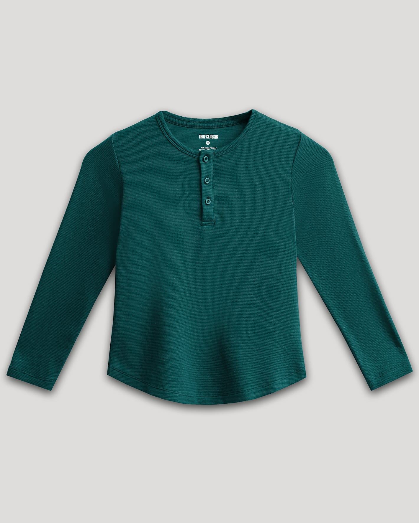 Boys Deep Emerald Long Sleeve Waffle Henley with button placket.