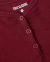 Girls Dark Maroon Long Sleeve Boxy Waffle Henley with ribbed neckline.
