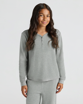 Girl wearing Girls Heather Gray Waffle Long Sleeve Henley & Waffle Leg Pants.