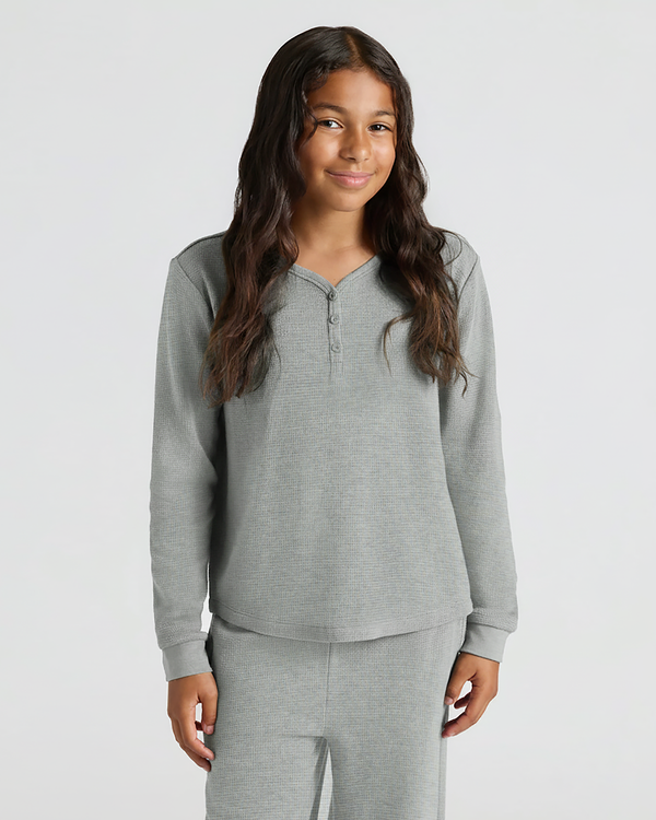 Girl wearing Girls Heather Gray Waffle Long Sleeve Henley & Waffle Leg Pants.
