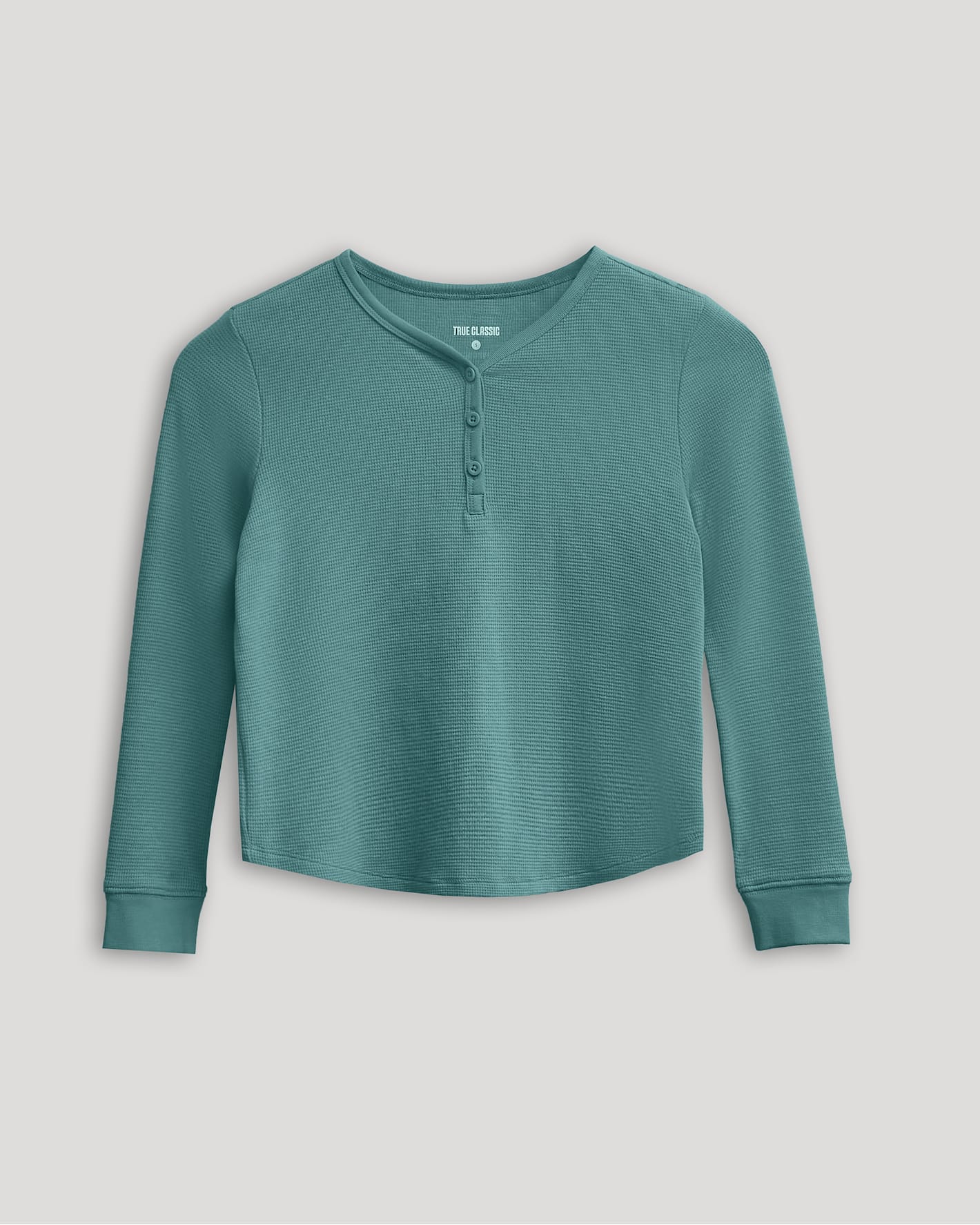Girls Stormcloud Long Sleeve Boxy Waffle Henley with textured, cozy waffle-knit fabric.