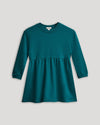 Girls Deep Emerald Long Sleeve Fleece Dress with gathered waistline.