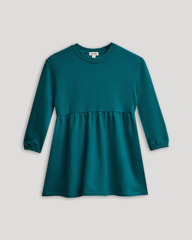 Girls Deep Emerald Long Sleeve Fleece Dress with gathered waistline.