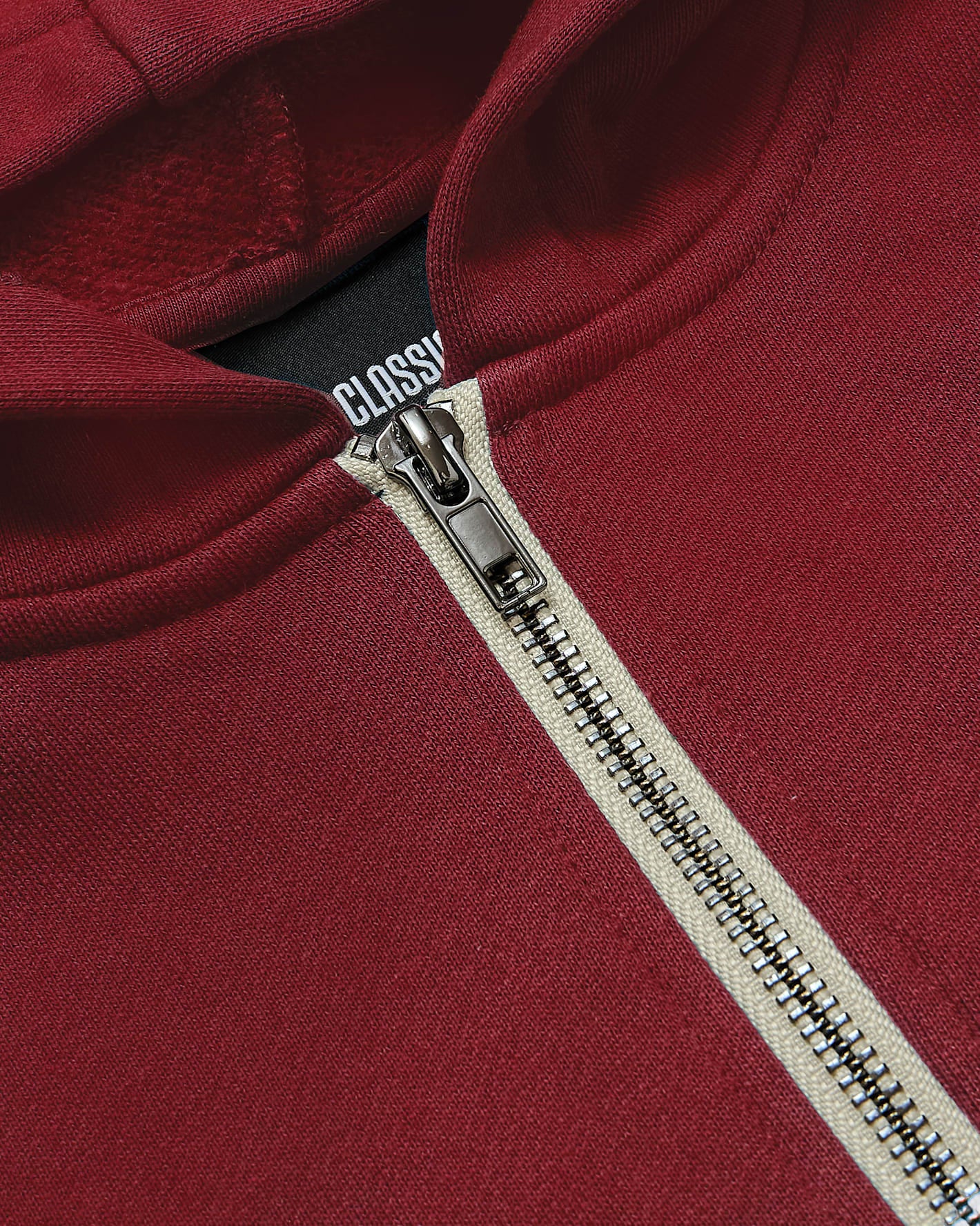 Boys' Dark Maroon Fleece Full Zip Hoodie close-up with zipper detail.
