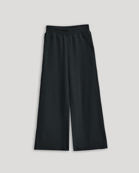 Girls Black Waffle Wide Leg Pants, elastic waistband, laid flat, roomy fit.