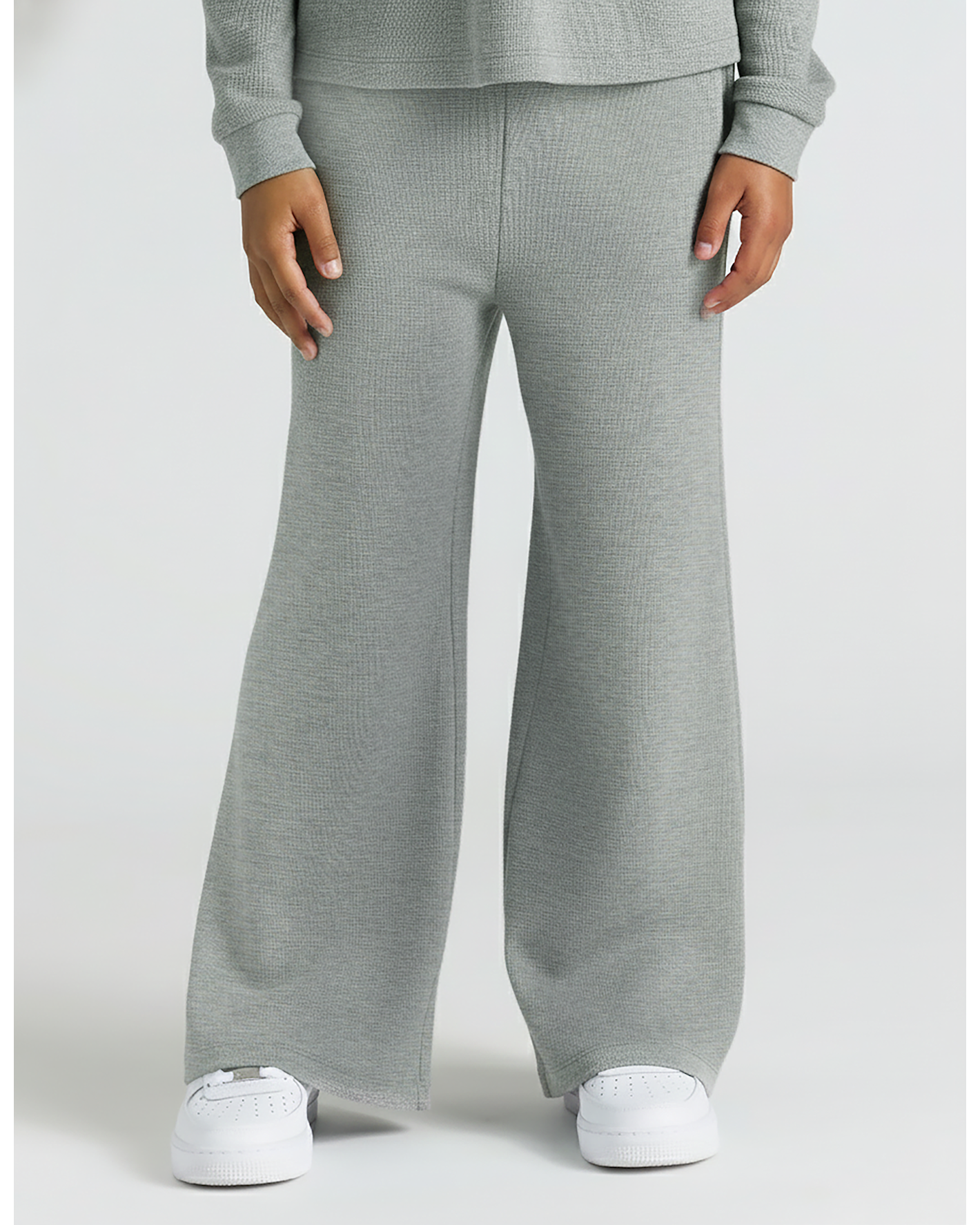 Child wearing Girls Heather Gray Waffle Long Sleeve Henley & Waffle Leg Pants.
