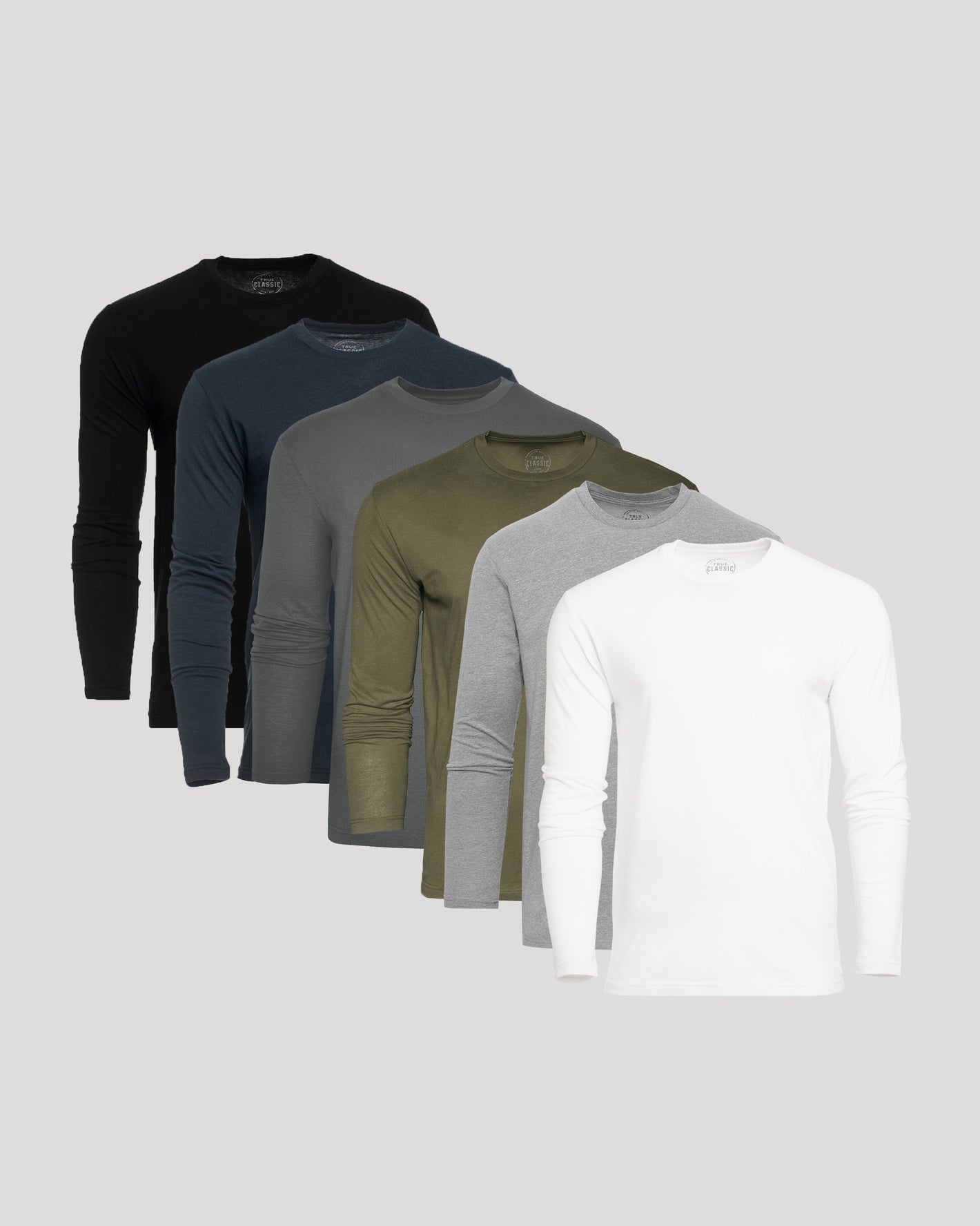 True Classic Men’s Long Sleeve Crew Neck Tee lineup, versatile everyday wear.