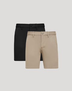 True Classic7 Black & Khaki Chino Shorts 2-Pack laid flat, showing design features.