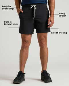 True ClassicAll Black Active Quick Dry Shorts with Liner, featuring drawstrings and stretch fabric.